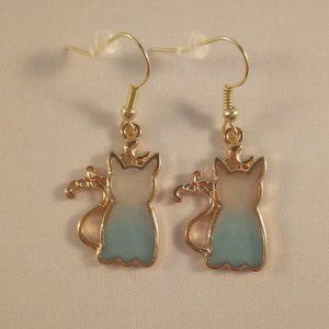 Gold Blue Cat Drop Dangle Earrings New Mystical Blue Hypoallergenic Hooks